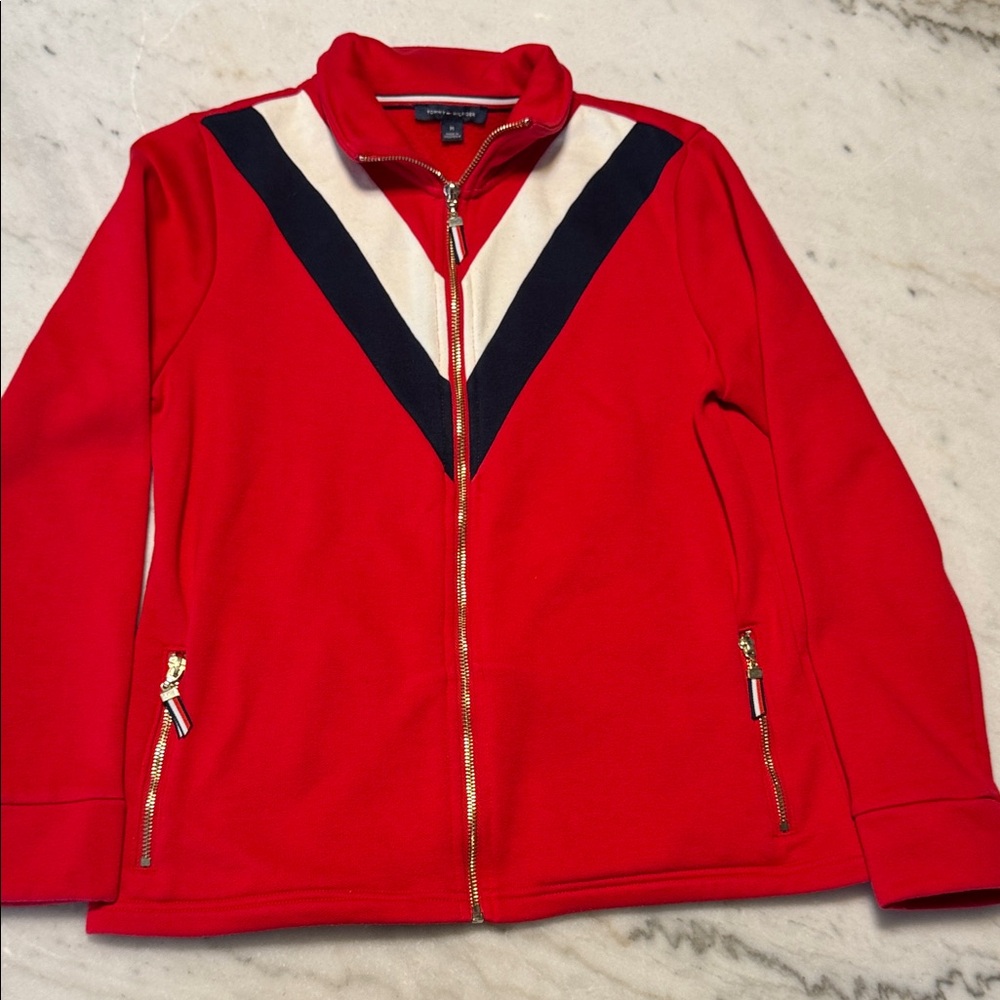 Tommy Hilfiger Womens Red‎ Chevron Colorblock Full Zip Track Jacket Medium